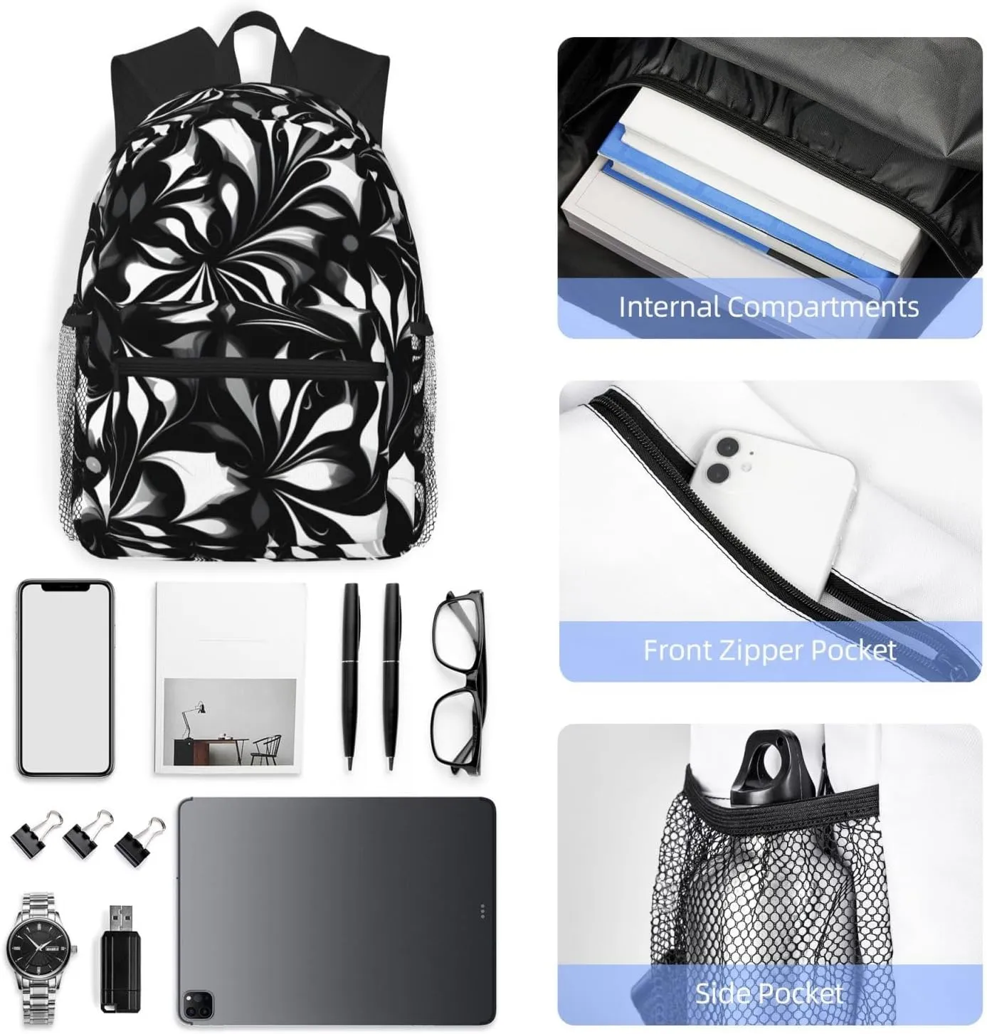 Lightweight Laptop Backpack,Casual Daypack Travel Backpack Bookbag Work Bag for Men and Women-Black and white patterns