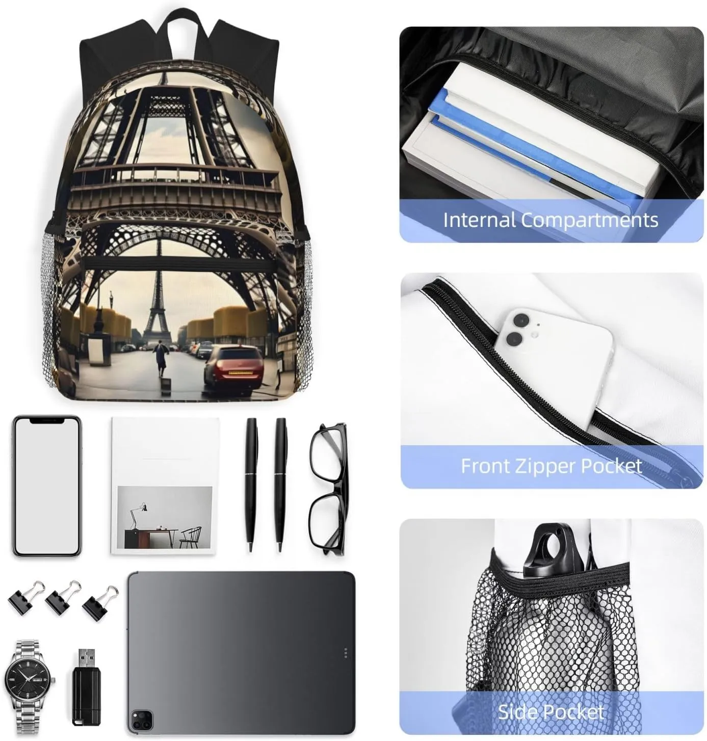 Lightweight Laptop Backpack,Casual Daypack Travel Backpack Bookbag Work Bag for Men and Women-Paris Street Eiffel Tower