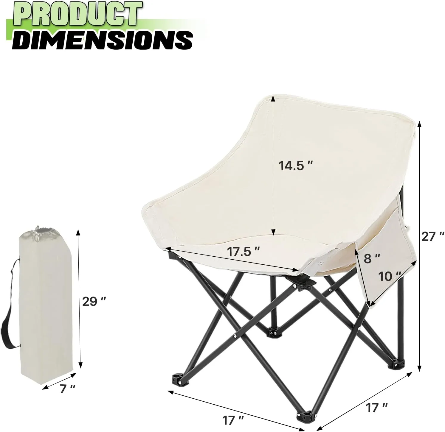 Magshion 17" Portable Folding Camping Chair, Lightweight Compact Sports Chairs with Carry Bag & Side Pockets for Adults, Hiking, Beach, Picnic, Load Up to 250 lbs (2PCS, White)