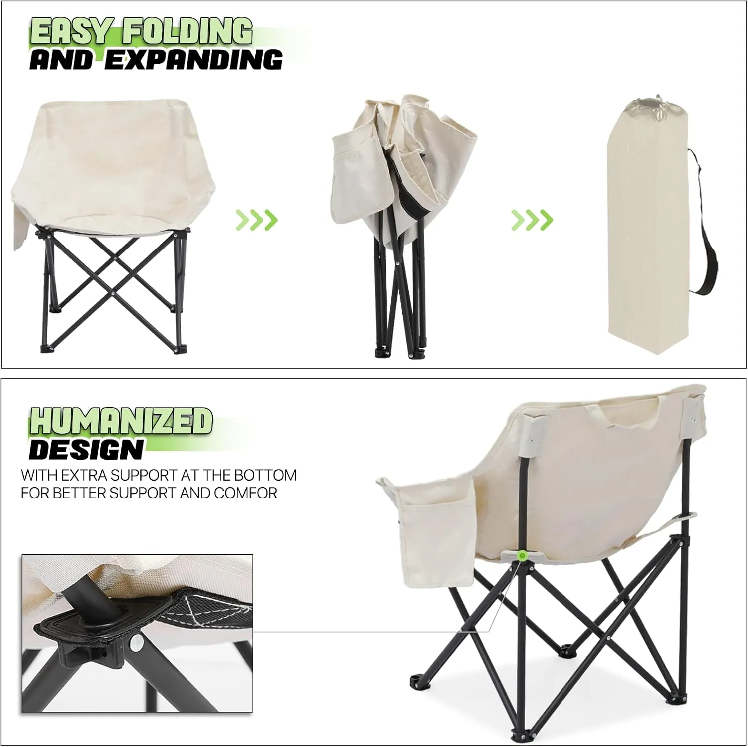 Magshion 17" Portable Folding Camping Chair, Lightweight Compact Sports Chairs with Carry Bag & Side Pockets for Adults, Hiking, Beach, Picnic, Load Up to 250 lbs (2PCS, White)