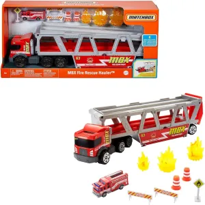 Matchbox Fire Rescue Hauler Playset Themed Hauler with 1 Fire-Themed Vehicle, Holds 16 Cars, Easy-Release Ramp, 8 Accessories & Storage, for Kids 3 Years Old & Up