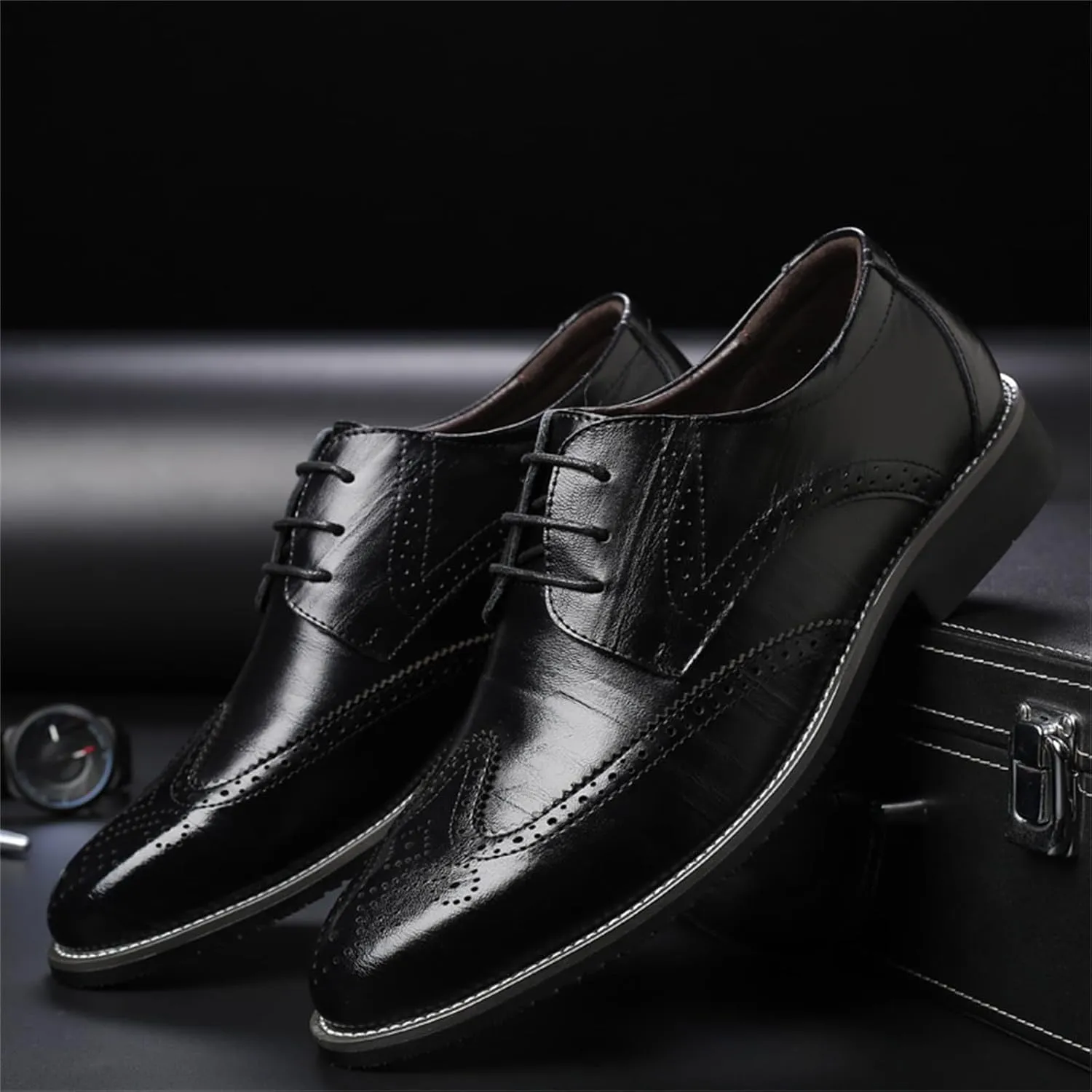 Men's Classic Leather Formal Business Oxford Wingtip Lace Up Retro Casual Dress Shoes for Men Comfortable