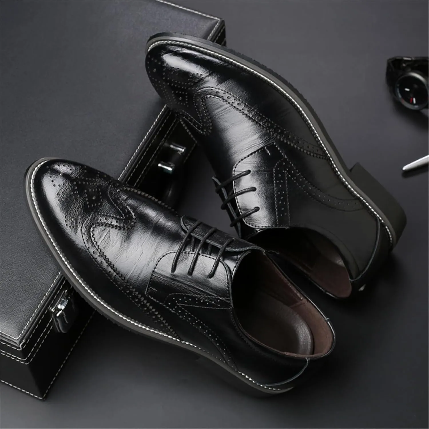 Men's Classic Leather Formal Business Oxford Wingtip Lace Up Retro Casual Dress Shoes for Men Comfortable