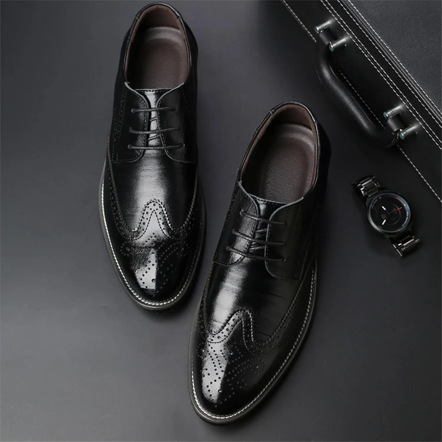 Men's Classic Leather Formal Business Oxford Wingtip Lace Up Retro Casual Dress Shoes for Men Comfortable