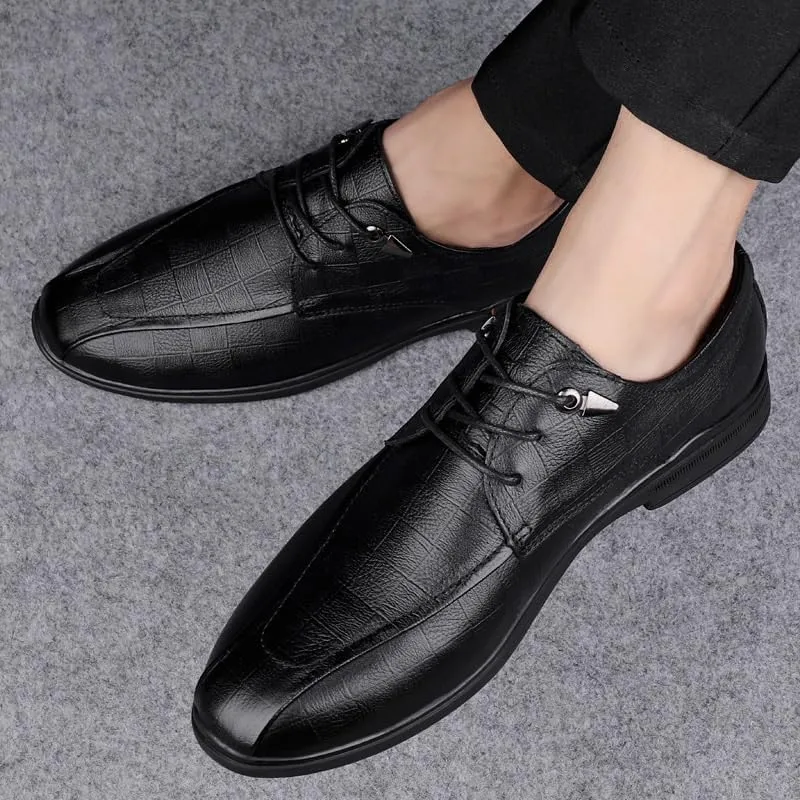 Men's Pointed Toe Tuxedo Shoes - Classic Lace Up Low Top Leather Dress Shoes for Business, Office, and Weddings