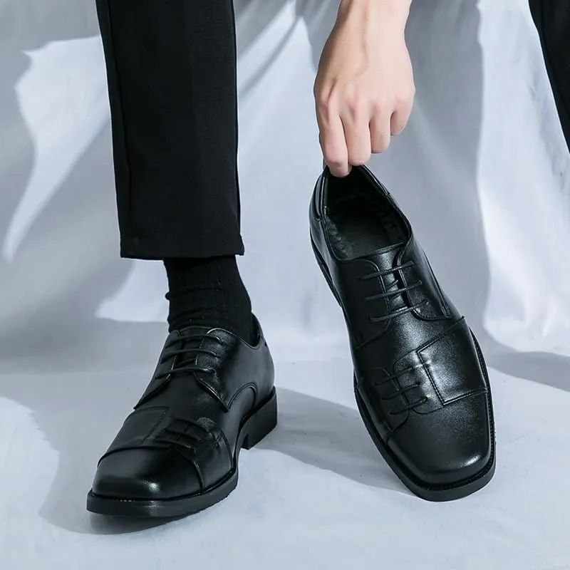 Men's Retro Square Toe Oxford Shoes, Lace-Up Brogue Flats, Casual Dress Loafers, Office Formal Footwear, Men's Genuine Leather Shoes