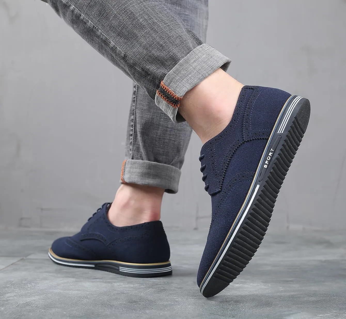 Men's Suede Oxford Dress Shoes, Navy Blue, Brogue Wingtip Design, Casual Business