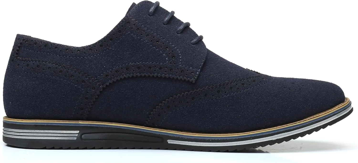 Men's Suede Oxford Dress Shoes, Navy Blue, Brogue Wingtip Design, Casual Business