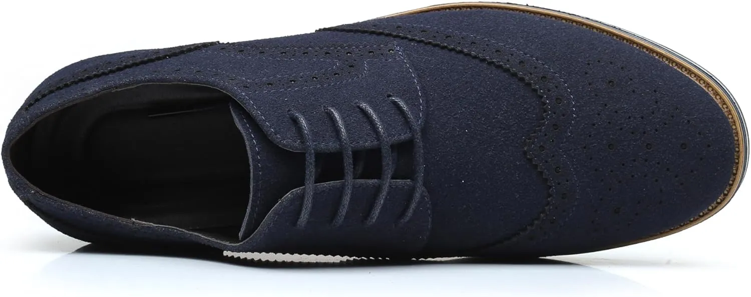 Men's Suede Oxford Dress Shoes, Navy Blue, Brogue Wingtip Design, Casual Business