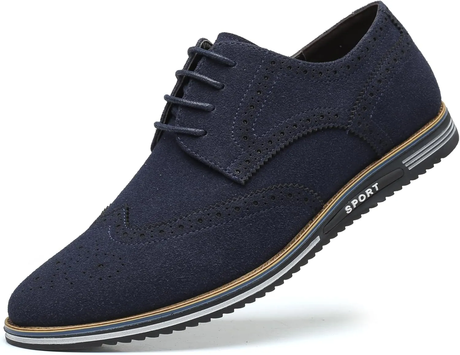 Men's Suede Oxford Dress Shoes, Navy Blue, Brogue Wingtip Design, Casual Business