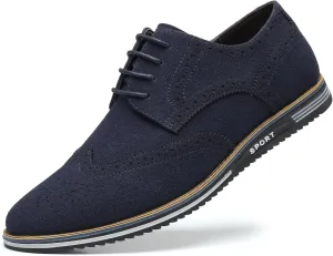 Men's Suede Oxford Dress Shoes, Navy Blue, Brogue Wingtip Design, Casual Business
