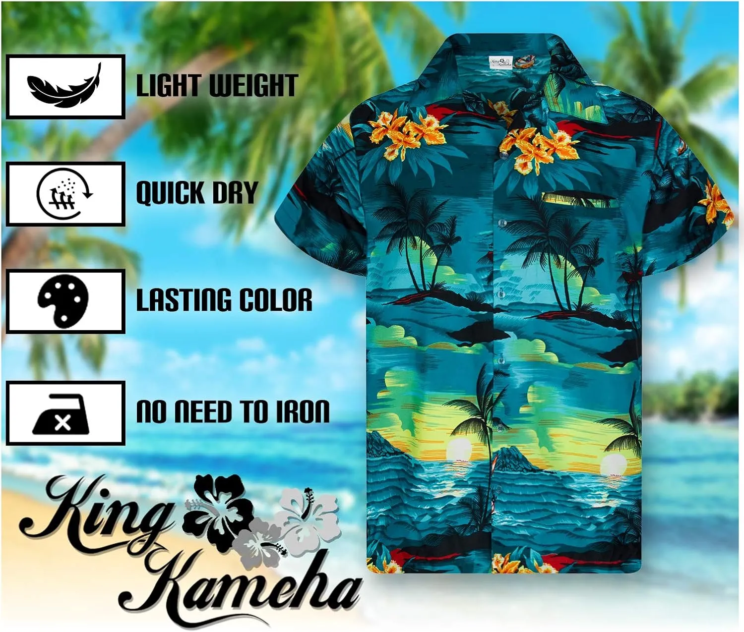Men's Surfing-Shirt Short-Sleeve Casual-Button-Down Hawaii-Vacation Palms Sunset