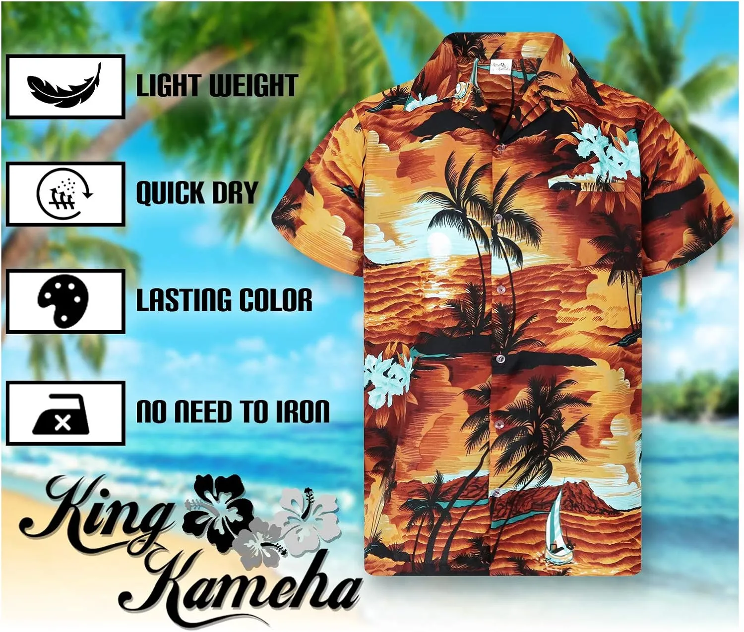 Men's Surfing-Shirt Short-Sleeve Casual-Button-Down Hawaii-Vacation Palms Sunset