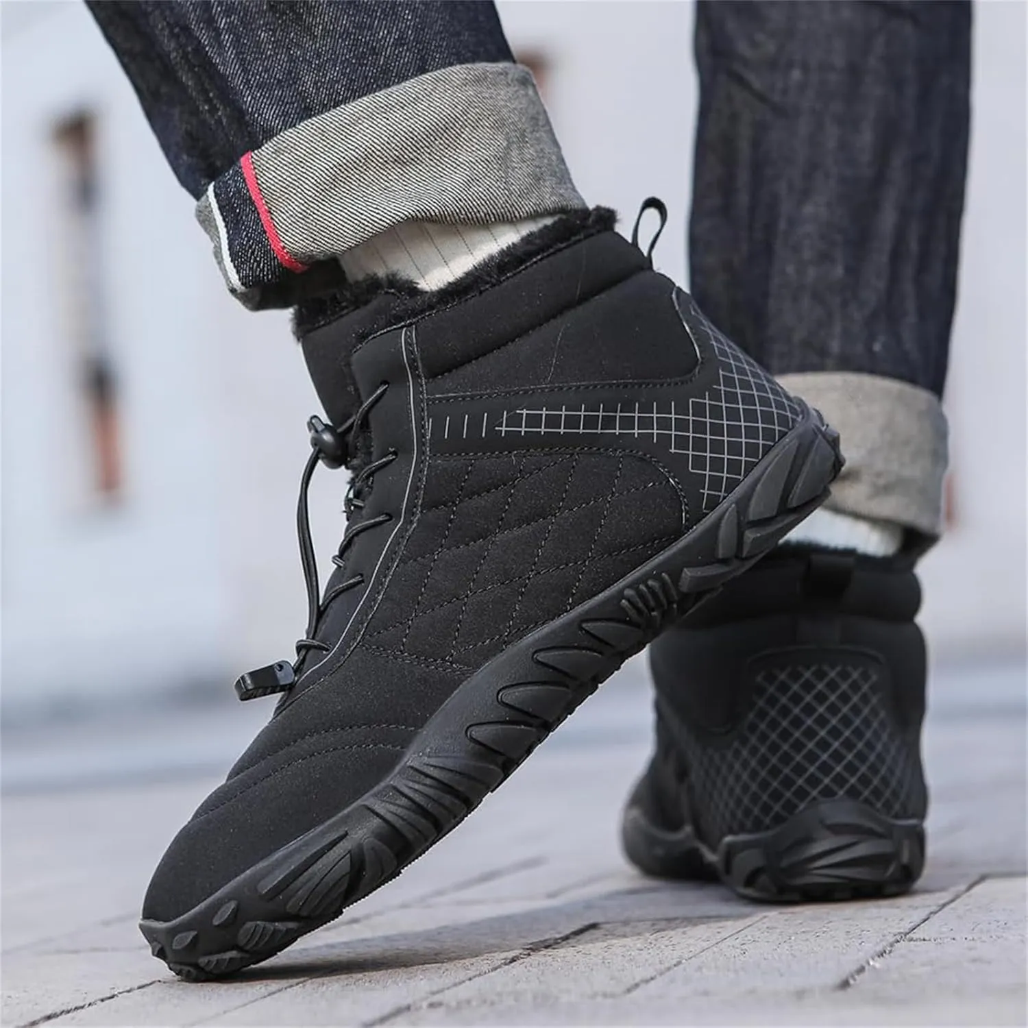 Mens Winter Hiking Boots Slip On Warm Zero Drop Snow Boot Wide Toe Box Lace Up Minimalist Waterproof Shoes Outdoor Walking Running Hiking Five Finger Sneakers Casual Comfortable Ankle Booties