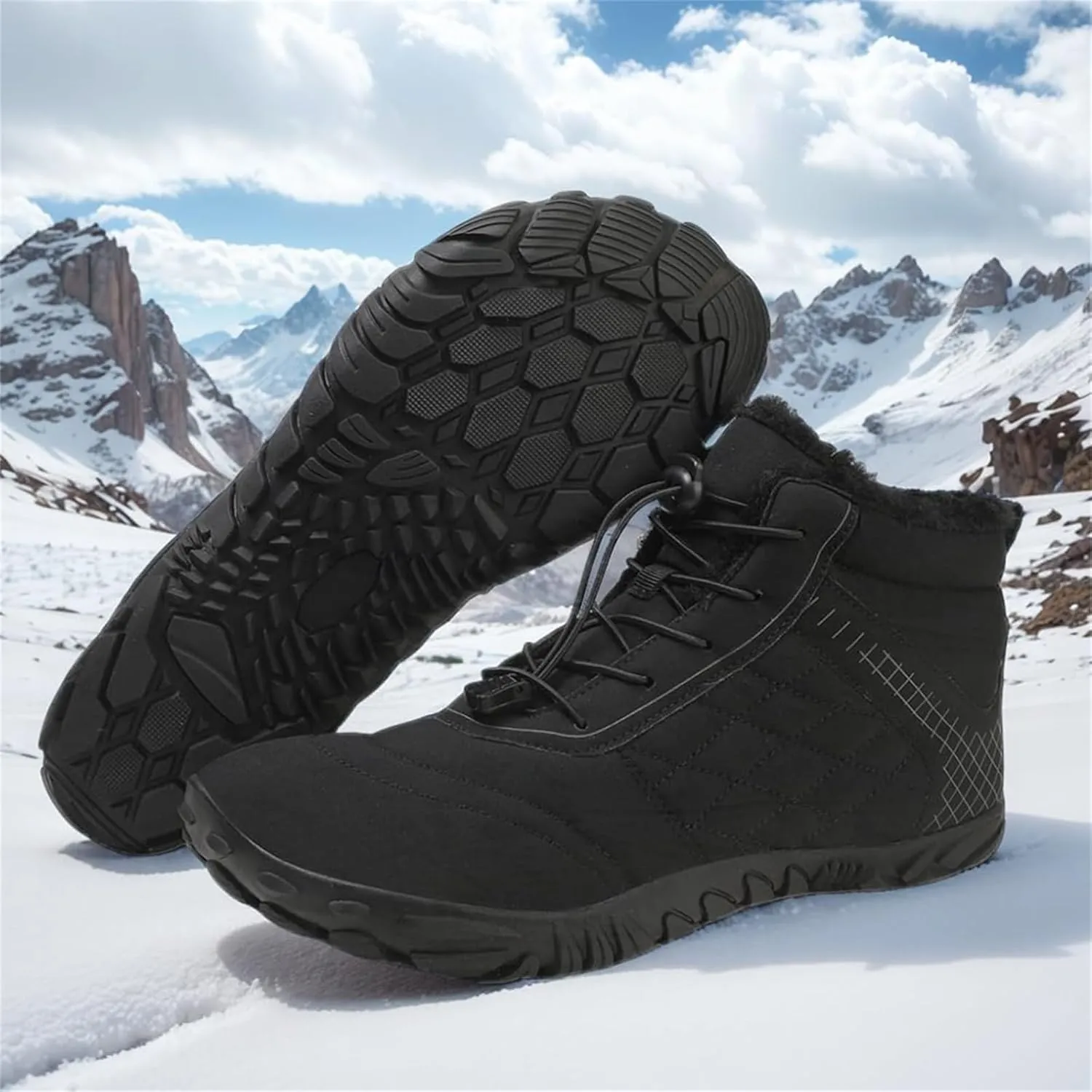 Mens Winter Hiking Boots Slip On Warm Zero Drop Snow Boot Wide Toe Box Lace Up Minimalist Waterproof Shoes Outdoor Walking Running Hiking Five Finger Sneakers Casual Comfortable Ankle Booties