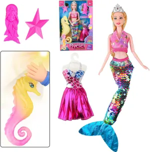 Mermaid Doll Playset, Color Changing Mermaid Tail Scales Flip, 12" Fashion Princess Doll with Little Mermaid Seahorse and Accessories, Mermaid Toy Change Color in The Sun Best Gift for Girls Age 3 
