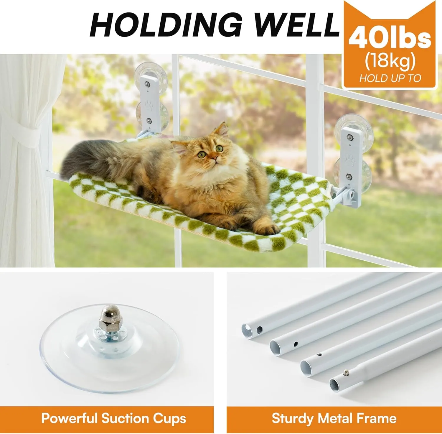 MEWOOFUN Cat Hammock - Steel Frame & Suction Cup Mount, Indoor Window Seat (Green, Medium)