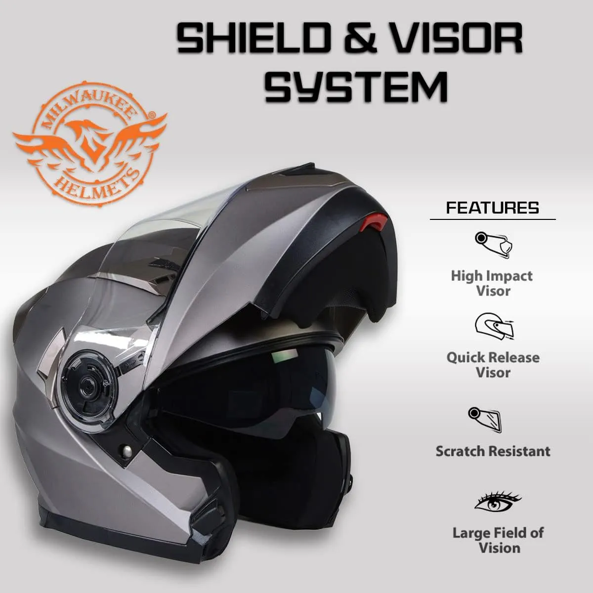 Milwaukee Helmets MPH9808DOT Ionized Silver Advanced Motorcycle Modular Helmet Biker w/Drop Down Visor - Large
