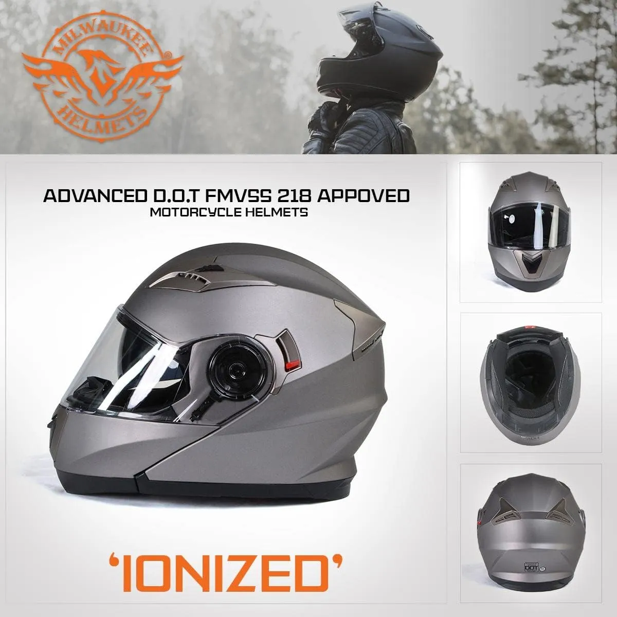 Milwaukee Helmets MPH9808DOT Ionized Silver Advanced Motorcycle Modular Helmet Biker w/Drop Down Visor - Large