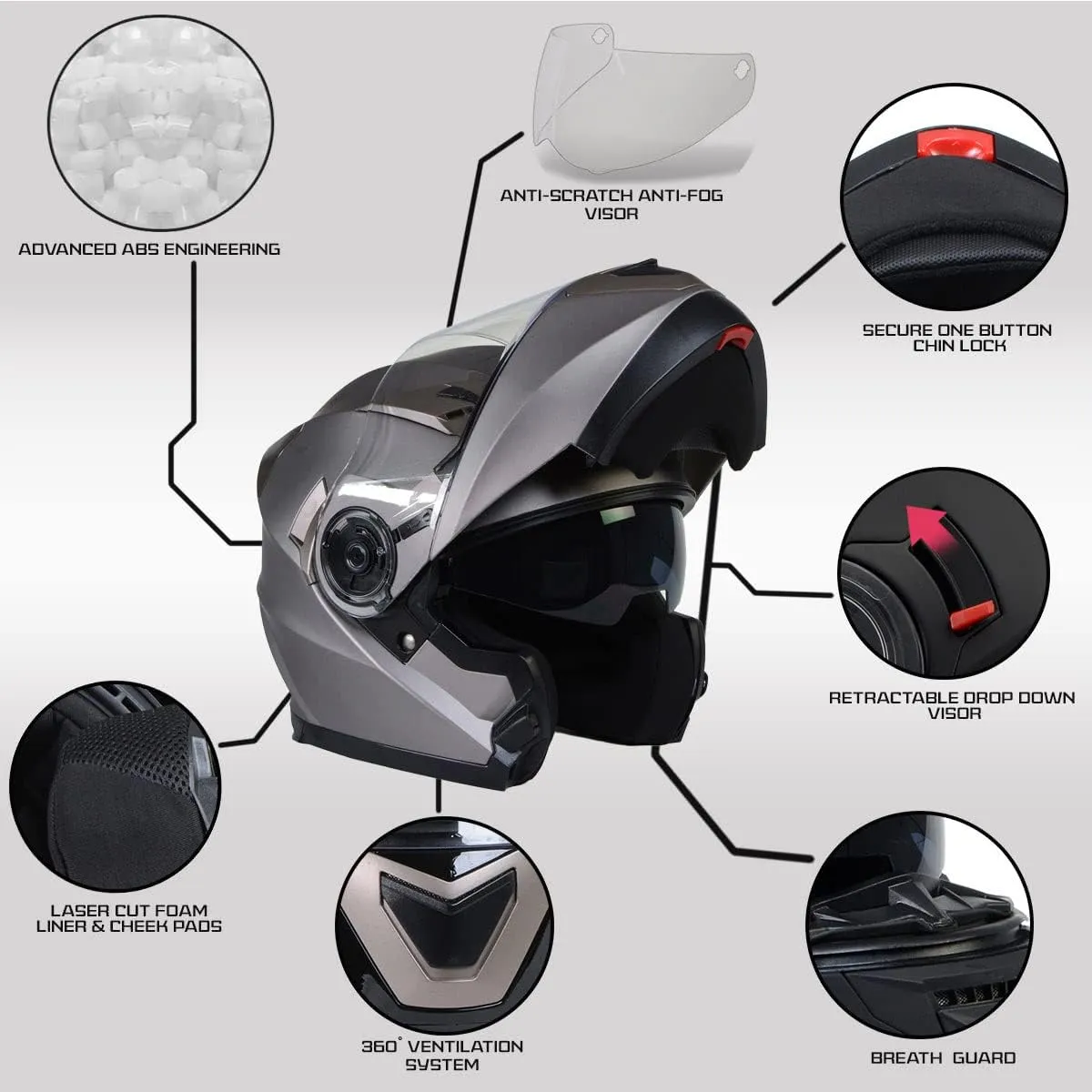 Milwaukee Helmets MPH9808DOT Ionized Silver Advanced Motorcycle Modular Helmet Biker w/Drop Down Visor - Large