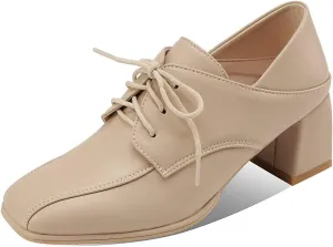 MIOKE Women's Round Toe Lace Up Pump Oxfords Perforated Casual Platform Chunky Mid Heel Vintage Dress Shoes