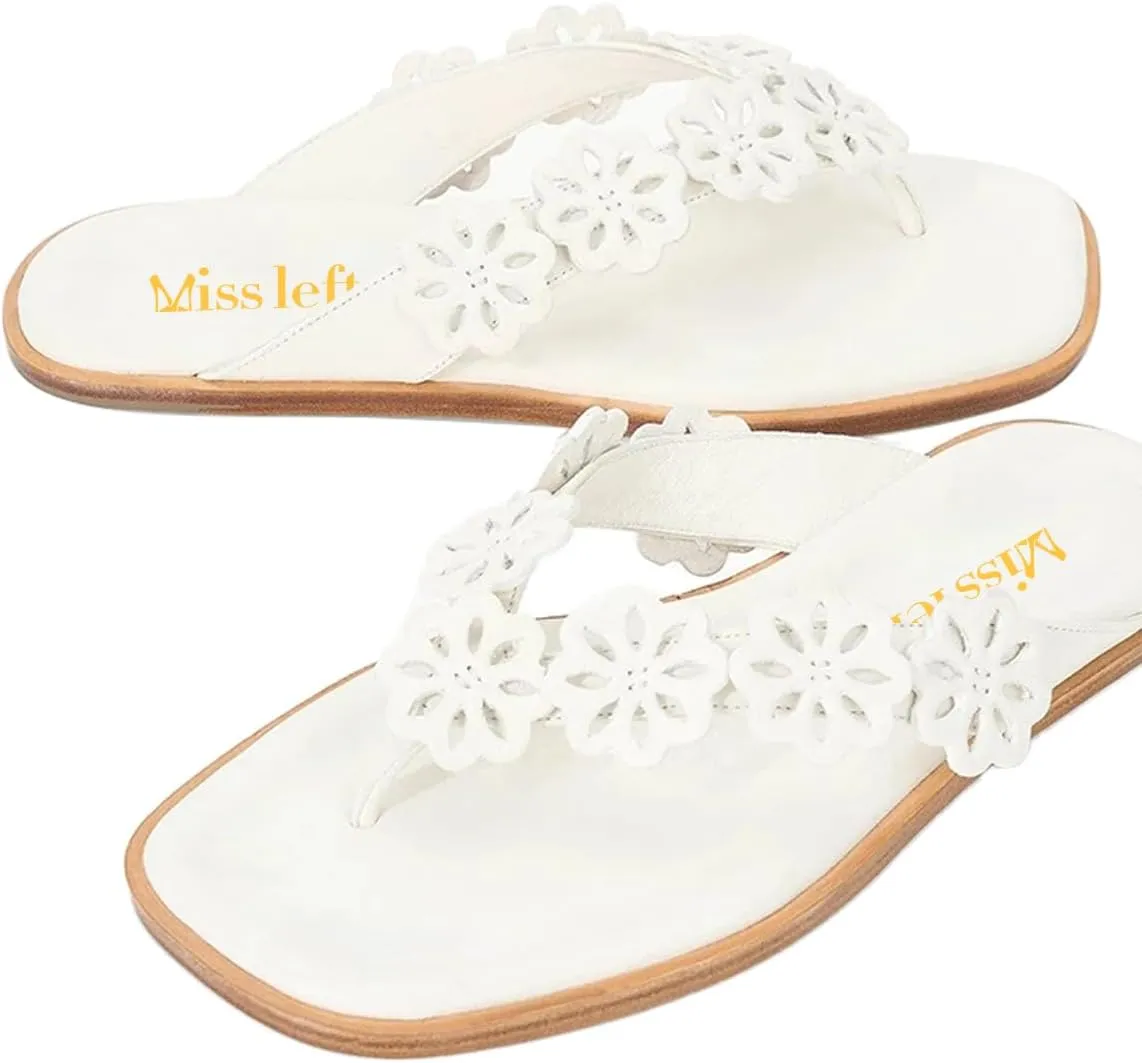 miss left Women Fashion Open Toe Floral Strap Flip Flops Slip On Comfy Thong Flat Sandals Summer Beach Casual Slippers Size 4-16 US