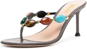 miss left Women Jewelled Open Toe Flip Flops Sexy Thin High Heel Slip on Thong Sandals Comfy Summer Party Shoes Size 4-16 US