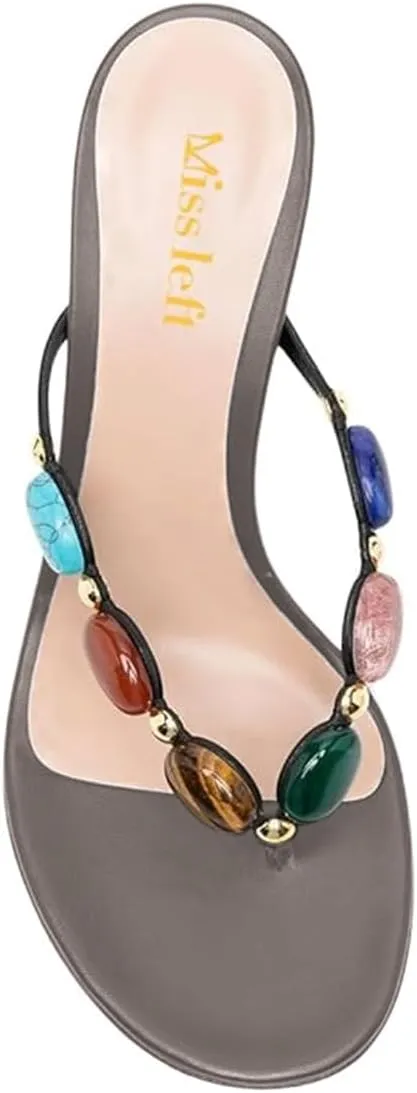 miss left Women Jewelled Open Toe Flip Flops Sexy Thin High Heel Slip on Thong Sandals Comfy Summer Party Shoes Size 4-16 US
