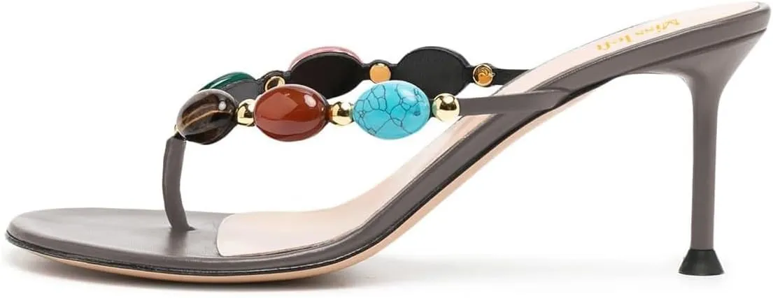 miss left Women Jewelled Open Toe Flip Flops Sexy Thin High Heel Slip on Thong Sandals Comfy Summer Party Shoes Size 4-16 US