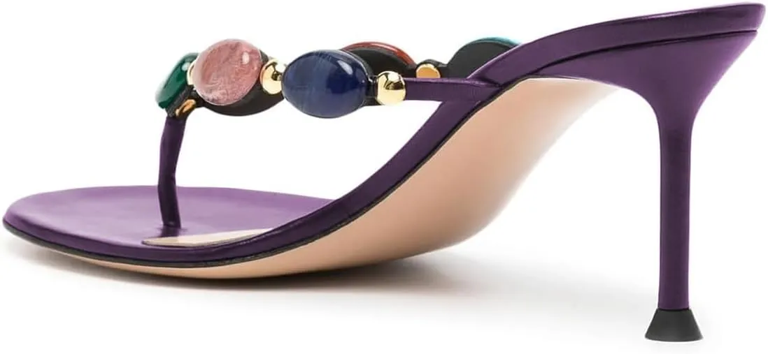 miss left Women Jewelled Open Toe Flip Flops Sexy Thin High Heel Slip on Thong Sandals Comfy Summer Party Shoes Size 4-16 US