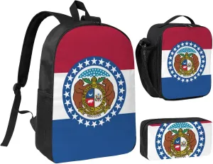 Missouri State Flag print Backpack Set Casual Shoulder Bag Lunch Bag Pen Pouch 3 in 1 Set 17inch for Women Men College