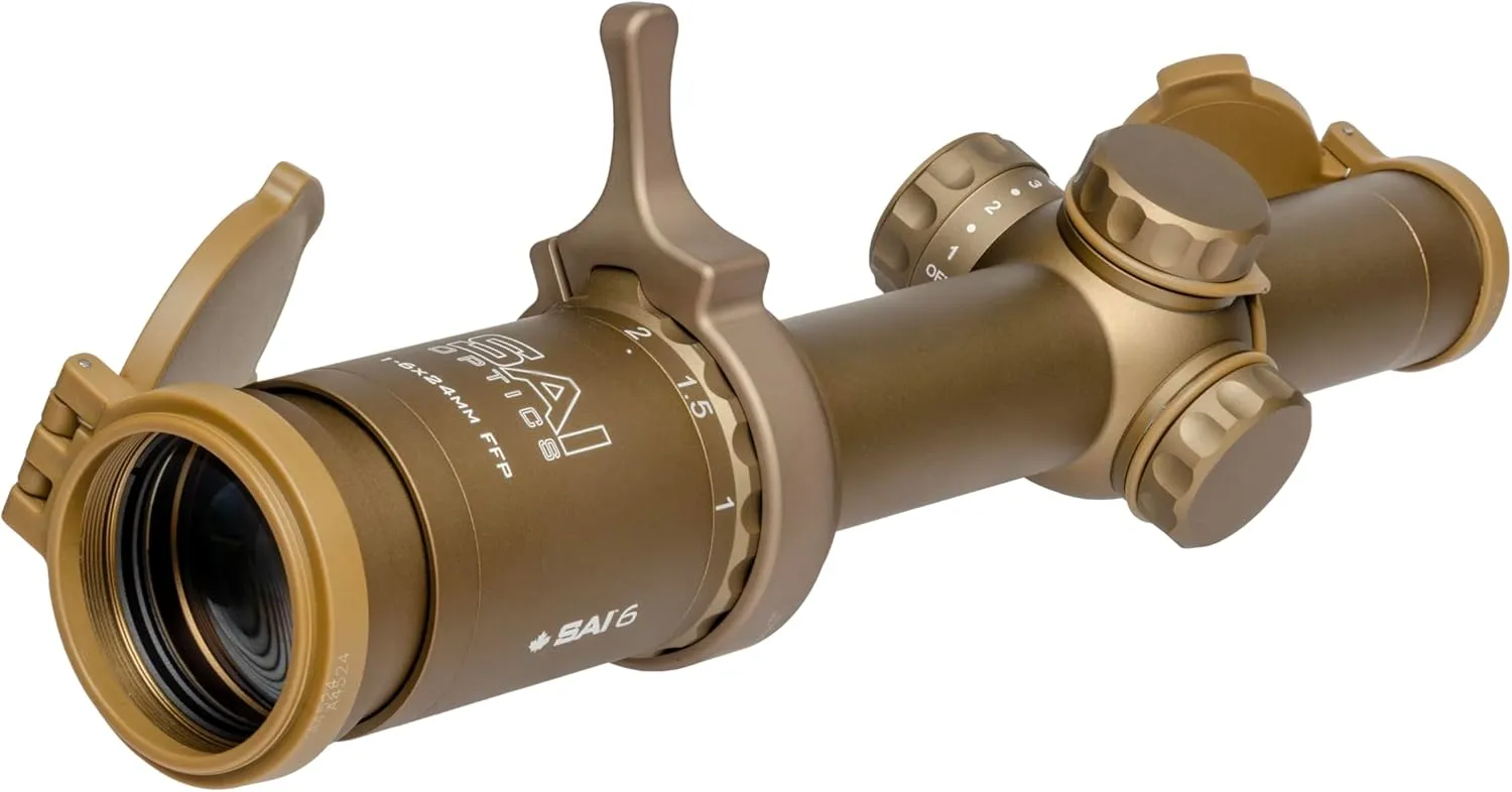 Model SAI 6 1x-6x 24mm Low Power Variable Optic LPVO Rifle Scope 5.56 NATO BDC and Throw Lever Bundle, Coyote Brown