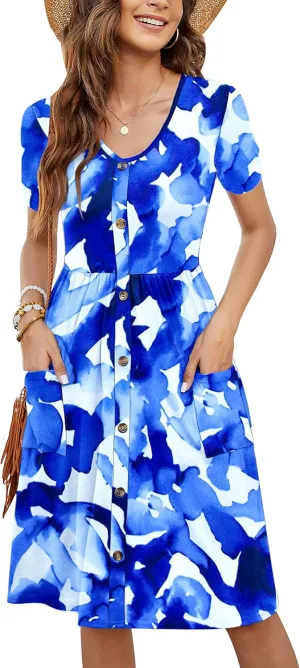 MOLERANI Women Summer Casual Short Sleeve V Neck Dresses Button Down Sundress Beach Vacation with Pockets Travel Outfits