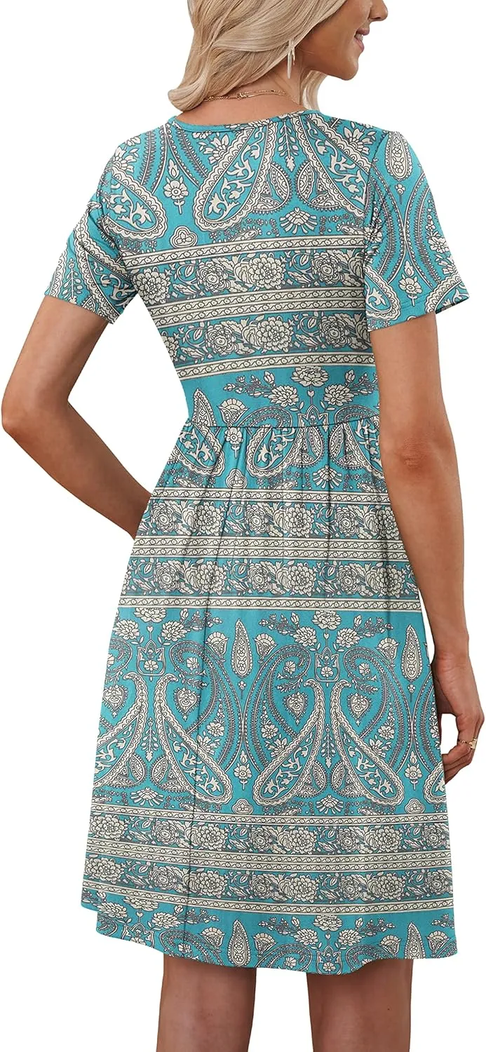 MOLERANI Women Summer Casual Short Sleeve V Neck Dresses Button Down Sundress Beach Vacation with Pockets Travel Outfits