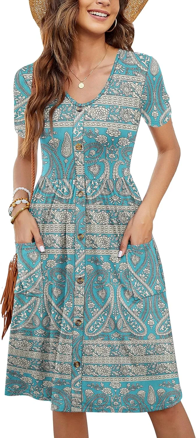 MOLERANI Women Summer Casual Short Sleeve V Neck Dresses Button Down Sundress Beach Vacation with Pockets Travel Outfits