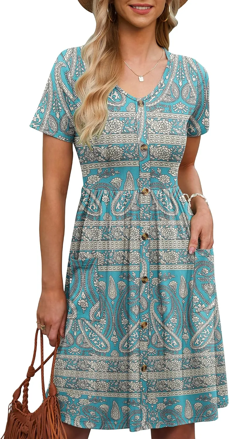 MOLERANI Women Summer Casual Short Sleeve V Neck Dresses Button Down Sundress Beach Vacation with Pockets Travel Outfits