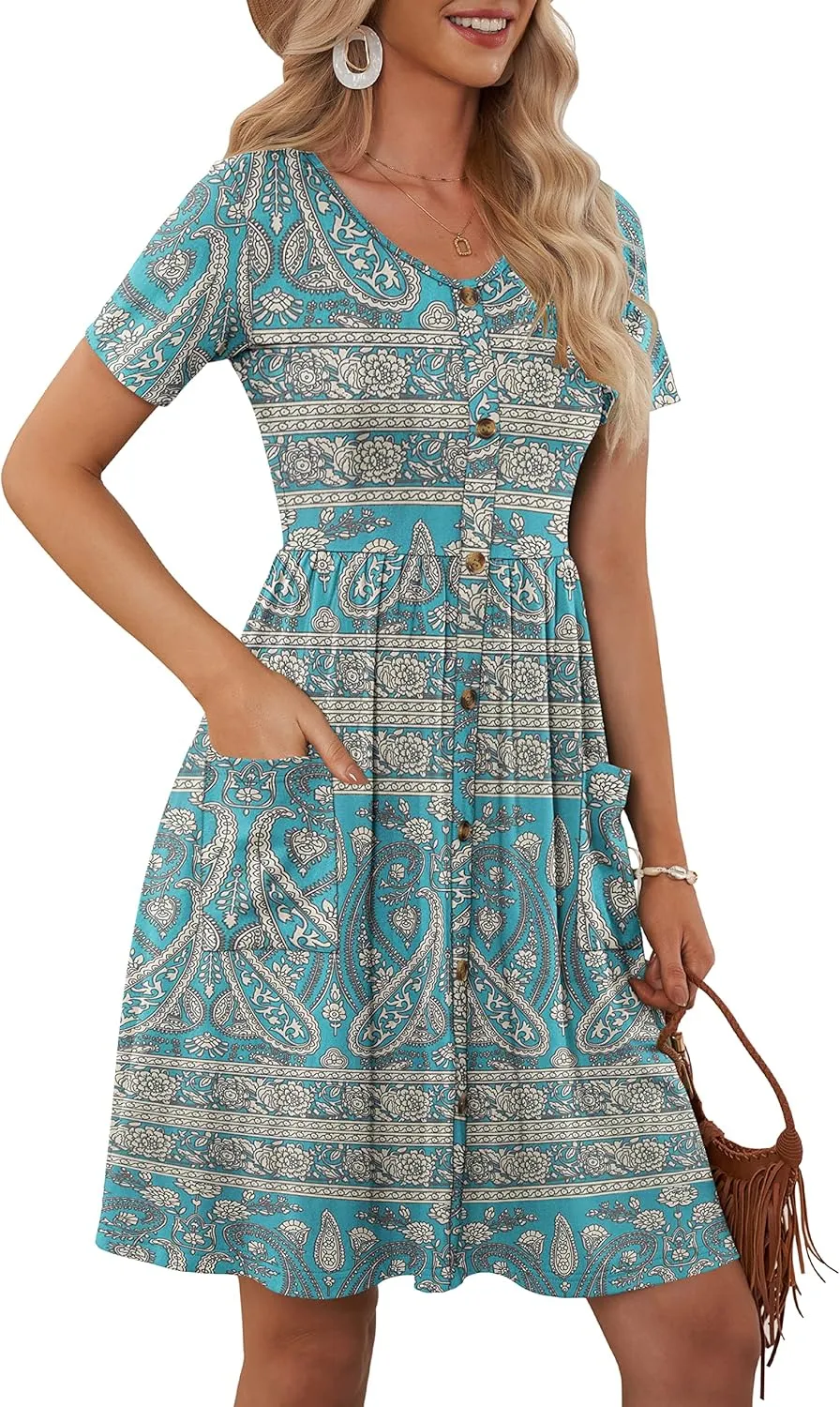MOLERANI Women Summer Casual Short Sleeve V Neck Dresses Button Down Sundress Beach Vacation with Pockets Travel Outfits