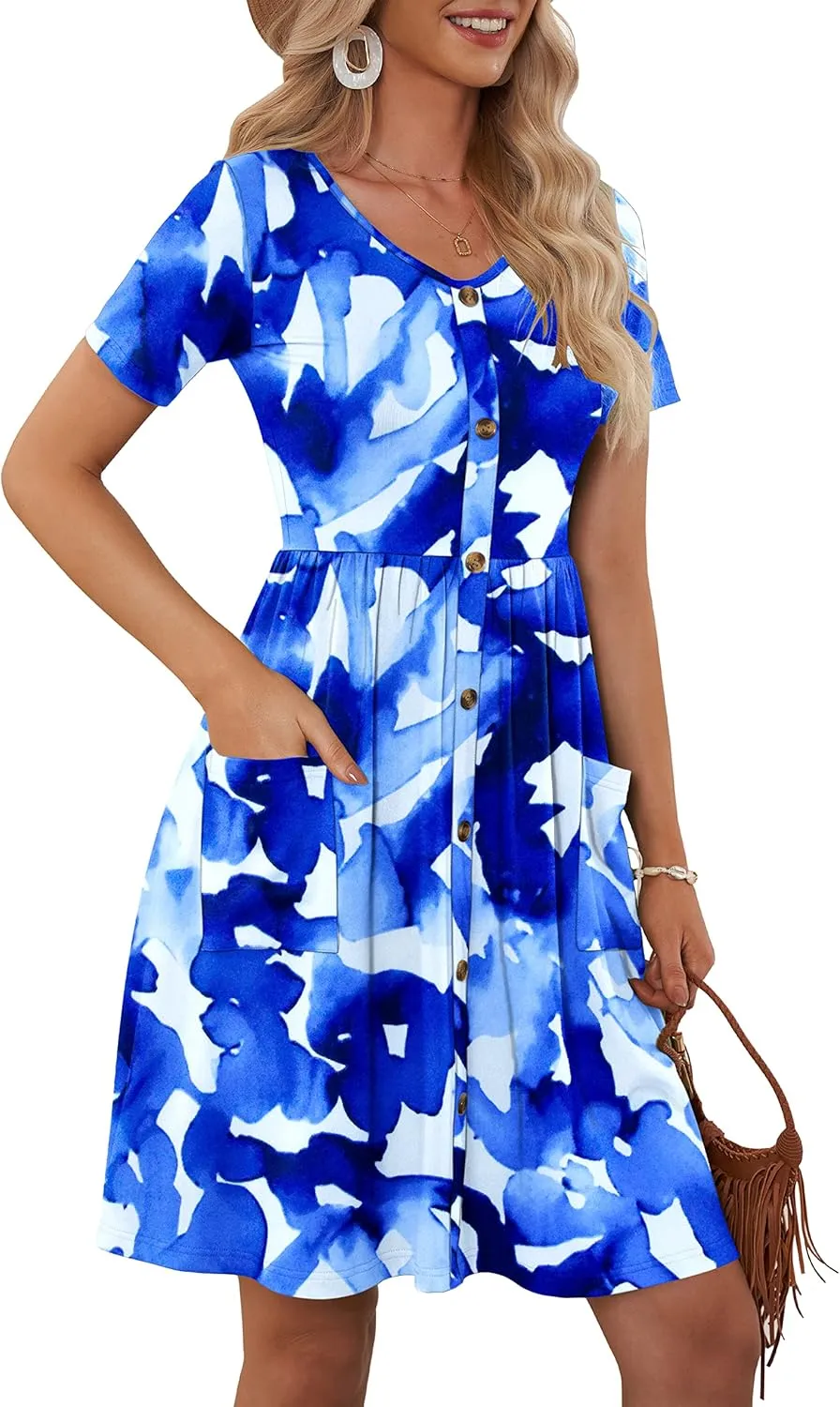 MOLERANI Women Summer Casual Short Sleeve V Neck Dresses Button Down Sundress Beach Vacation with Pockets Travel Outfits