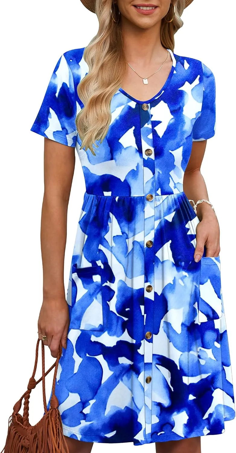 MOLERANI Women Summer Casual Short Sleeve V Neck Dresses Button Down Sundress Beach Vacation with Pockets Travel Outfits
