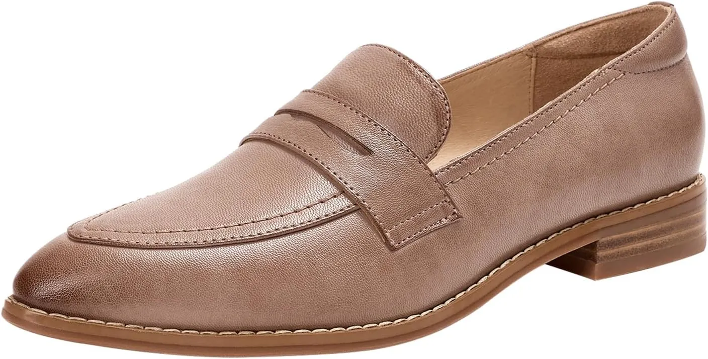 Mona flying Women's Leather Pointed Toe Penny Loafer Dress Casual Slip on Flat Office Work Shoes for Ladies