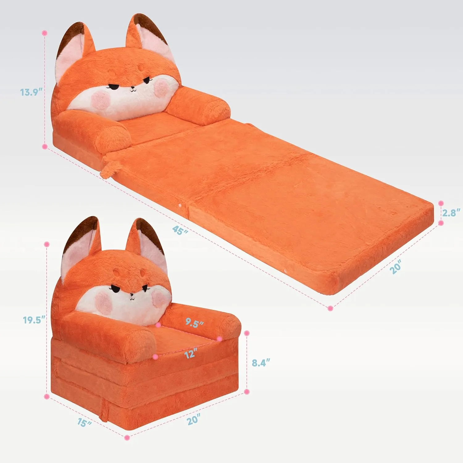 MONKISS Kids Couch, Comfy Toddler Chair, 2 in 1 Fold Out Kids Sofa to Lounger, Baby Sleeper Chair, Toddler Furniture, Birthday Gifts for Boys and Girls, 18  Months, Cute Fox