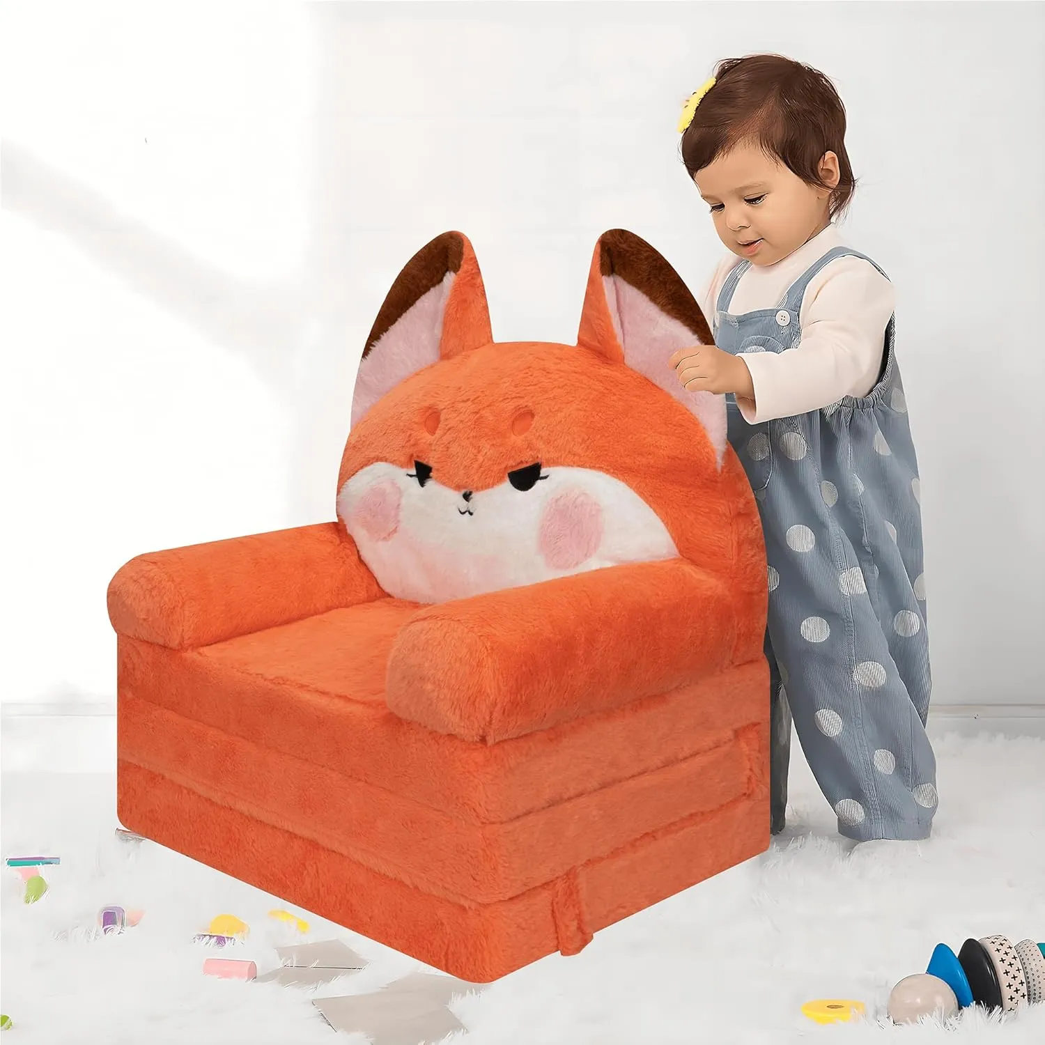 MONKISS Kids Couch, Comfy Toddler Chair, 2 in 1 Fold Out Kids Sofa to Lounger, Baby Sleeper Chair, Toddler Furniture, Birthday Gifts for Boys and Girls, 18  Months, Cute Fox