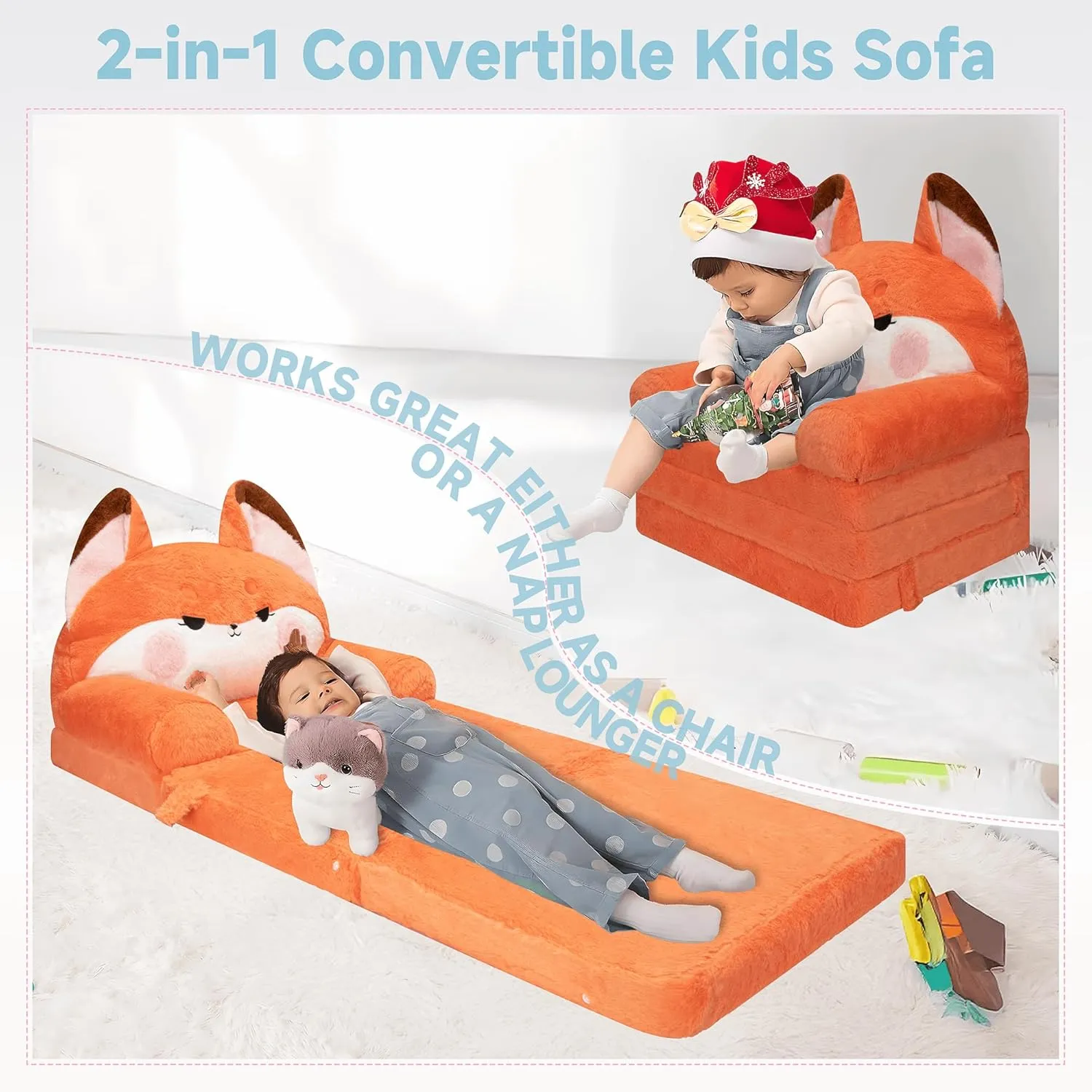 MONKISS Kids Couch, Comfy Toddler Chair, 2 in 1 Fold Out Kids Sofa to Lounger, Baby Sleeper Chair, Toddler Furniture, Birthday Gifts for Boys and Girls, 18  Months, Cute Fox