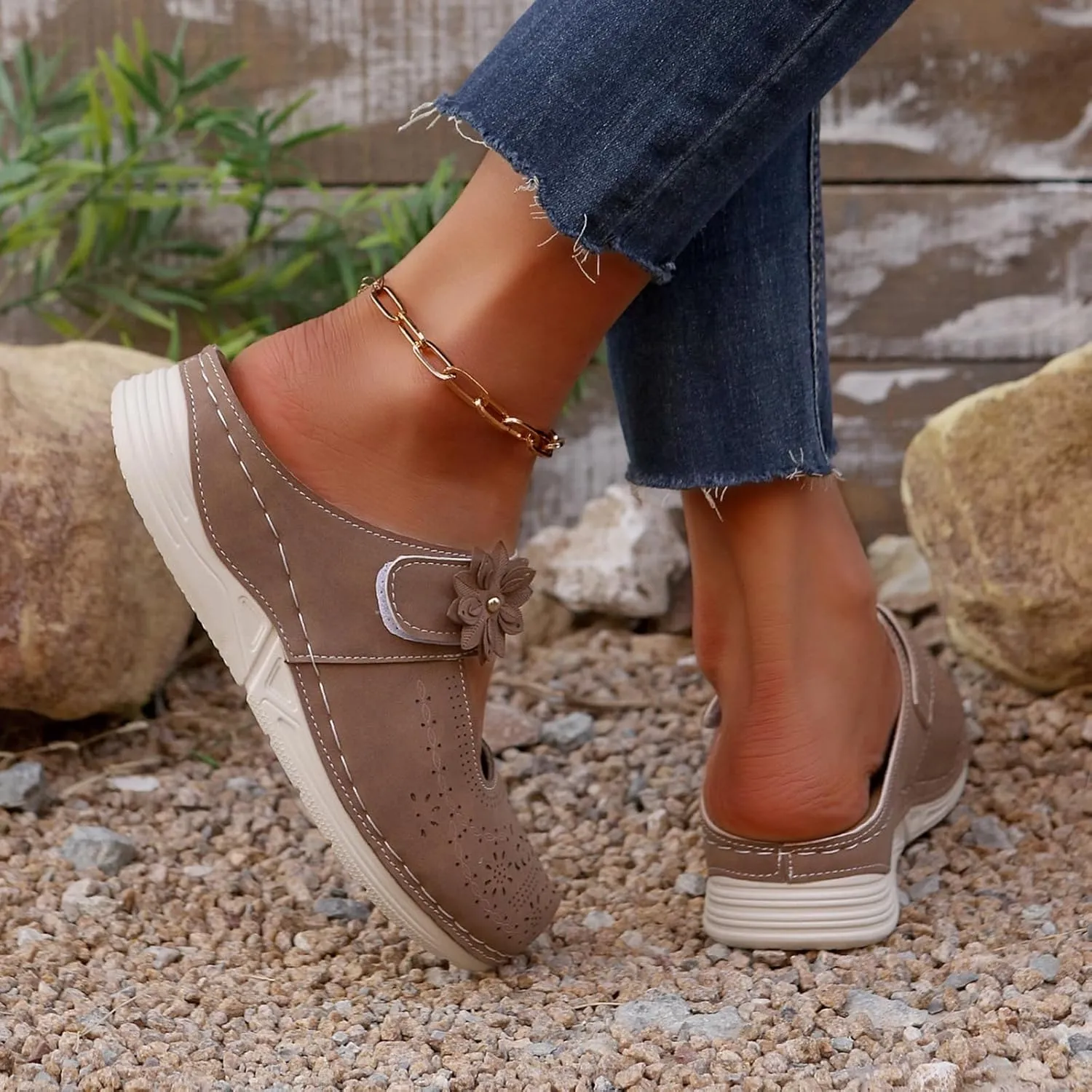 Mules for Women Comfort Closed Toe Sandals Casual Slip On Wedge Sandals Adjustable Hook Loop Low Heel Orthopedic Sandal Round Head Soft Bottom Footwear Breathable Shoes