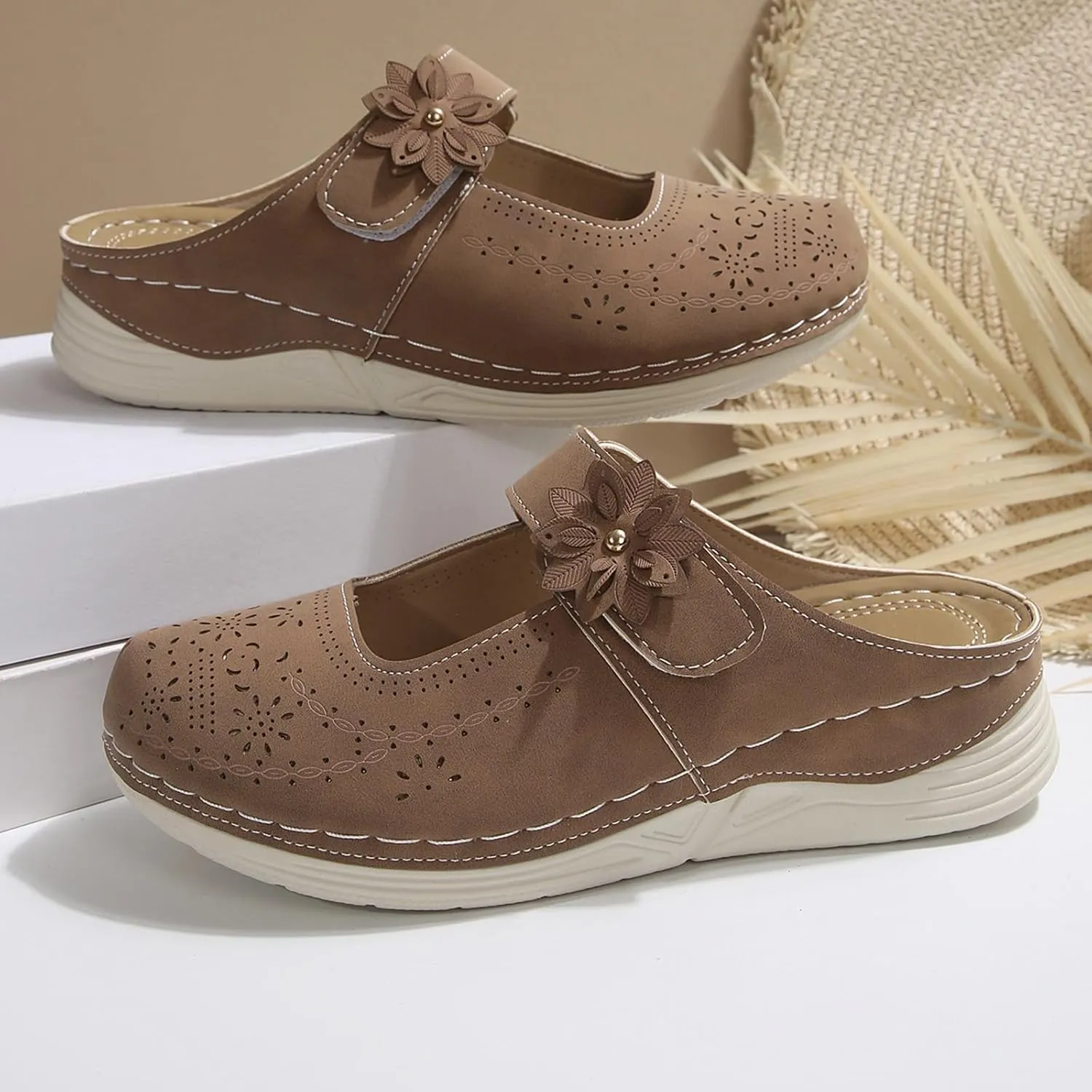 Mules for Women Comfort Closed Toe Sandals Casual Slip On Wedge Sandals Adjustable Hook Loop Low Heel Orthopedic Sandal Round Head Soft Bottom Footwear Breathable Shoes