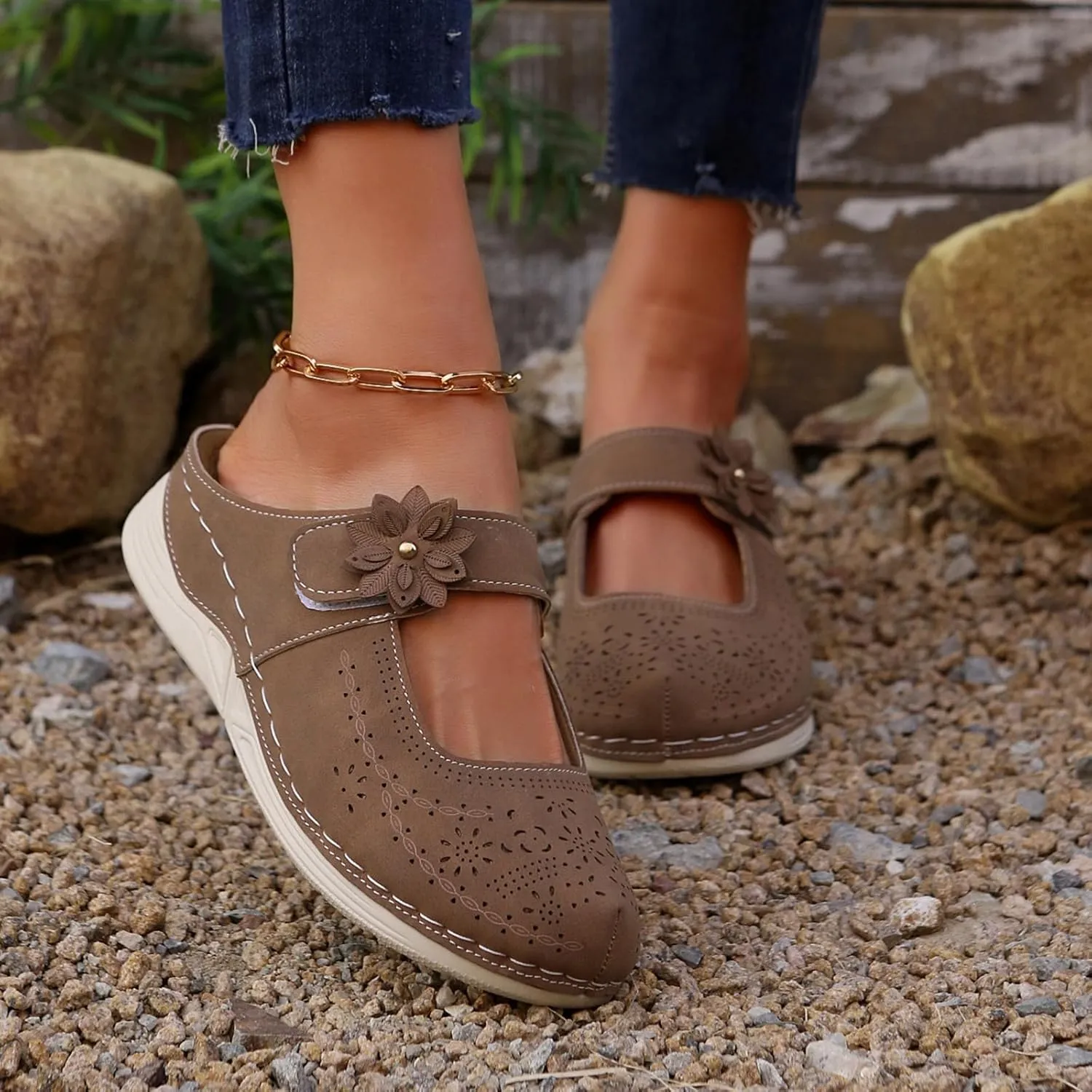 Mules for Women Comfort Closed Toe Sandals Casual Slip On Wedge Sandals Adjustable Hook Loop Low Heel Orthopedic Sandal Round Head Soft Bottom Footwear Breathable Shoes