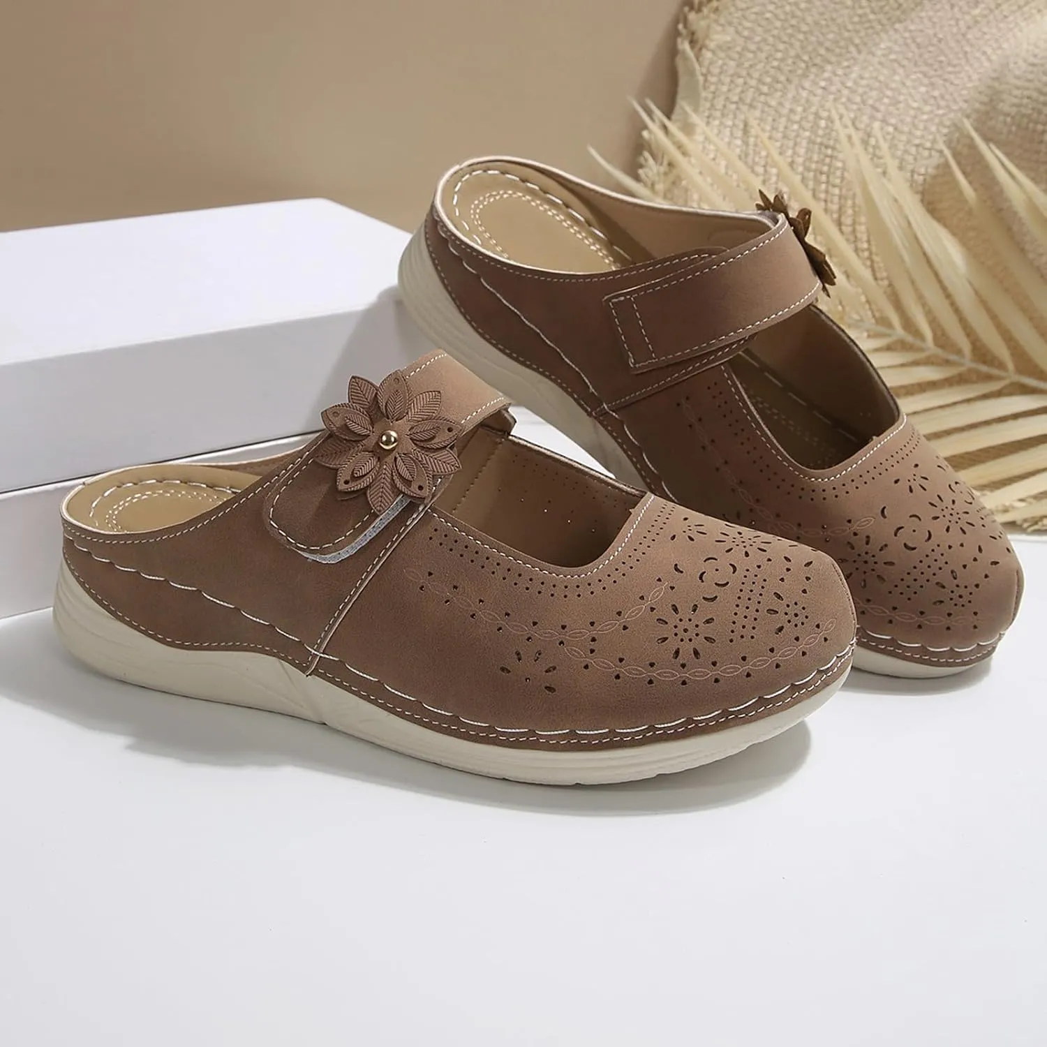 Mules for Women Comfort Closed Toe Sandals Casual Slip On Wedge Sandals Adjustable Hook Loop Low Heel Orthopedic Sandal Round Head Soft Bottom Footwear Breathable Shoes
