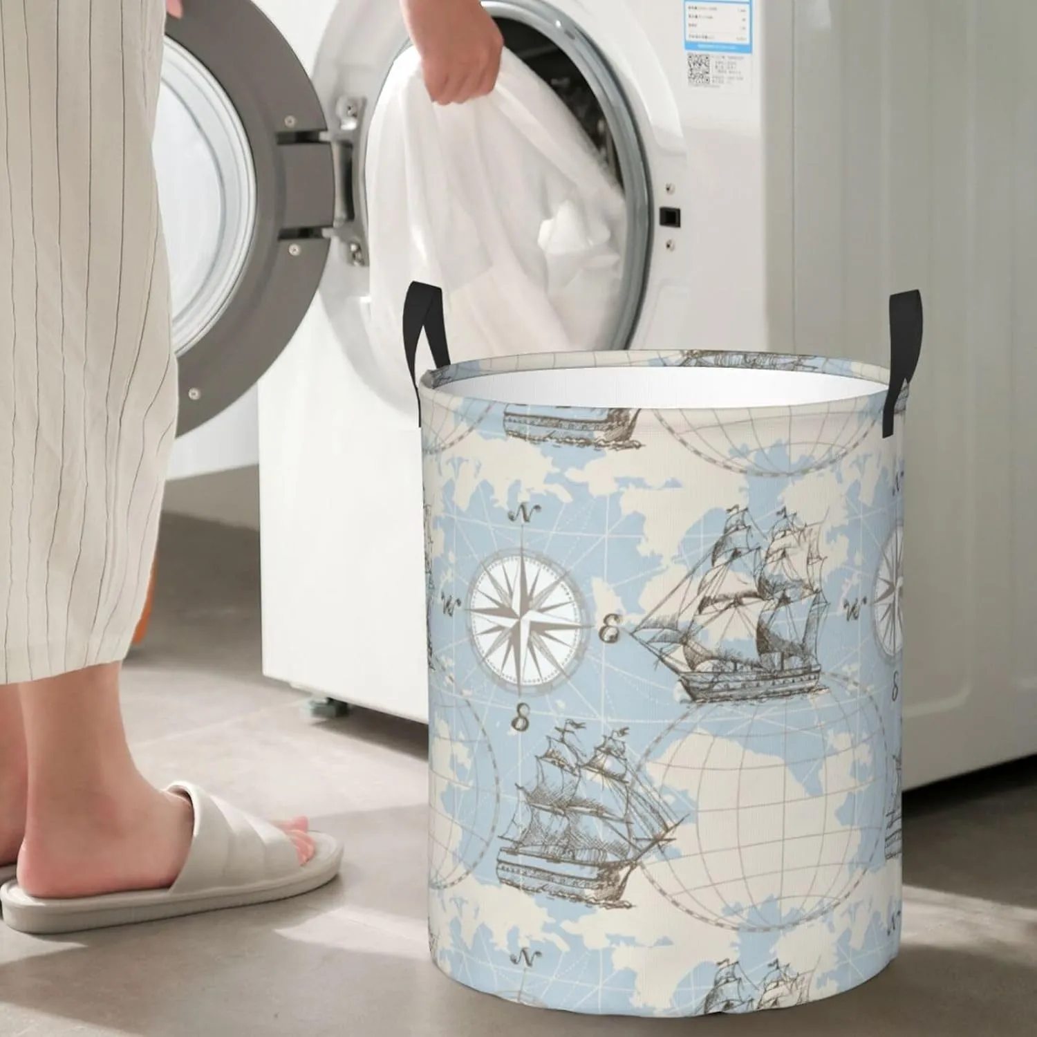 Nautical Sailboat Map Ship Wheel Compass Antiquity Boat Collapsible Circular Laundry Hamper, Car Toys Storage Bag