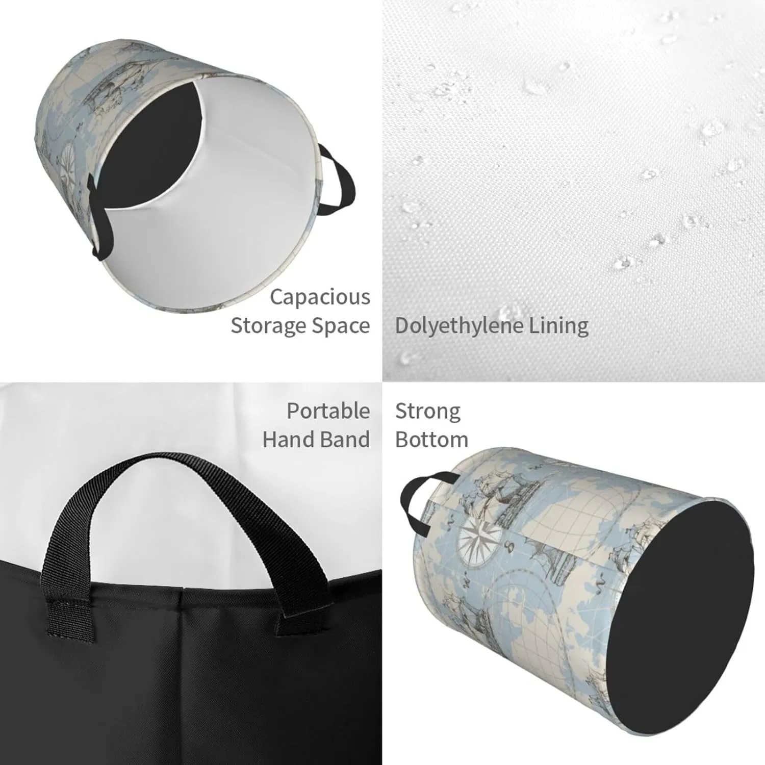 Nautical Sailboat Map Ship Wheel Compass Antiquity Boat Collapsible Circular Laundry Hamper, Car Toys Storage Bag