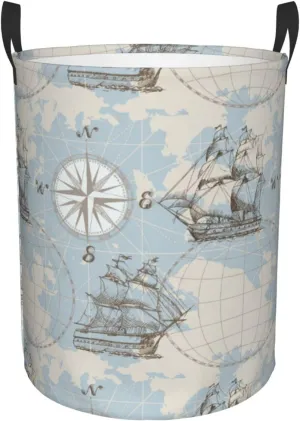 Nautical Sailboat Map Ship Wheel Compass Antiquity Boat Collapsible Circular Laundry Hamper, Car Toys Storage Bag